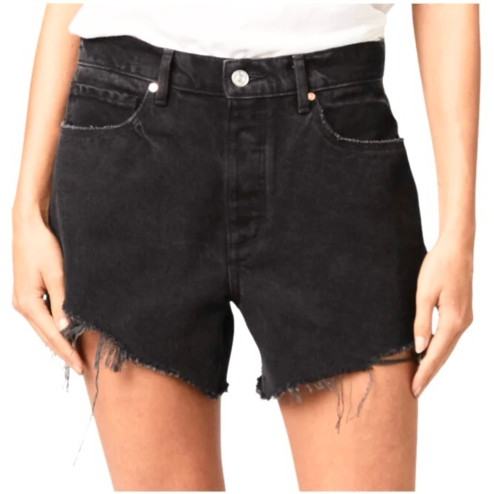 PAIGE Black High-Rise Distressed Jean Shorts